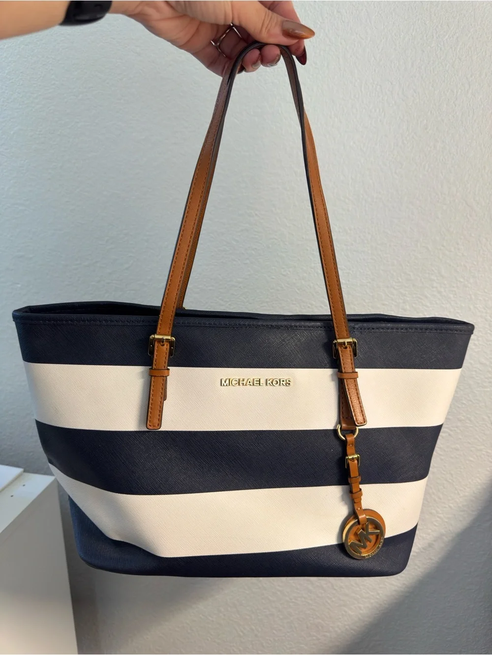 Michael Kors Navy & White Stripe Saffiano Tote with Tan Handles